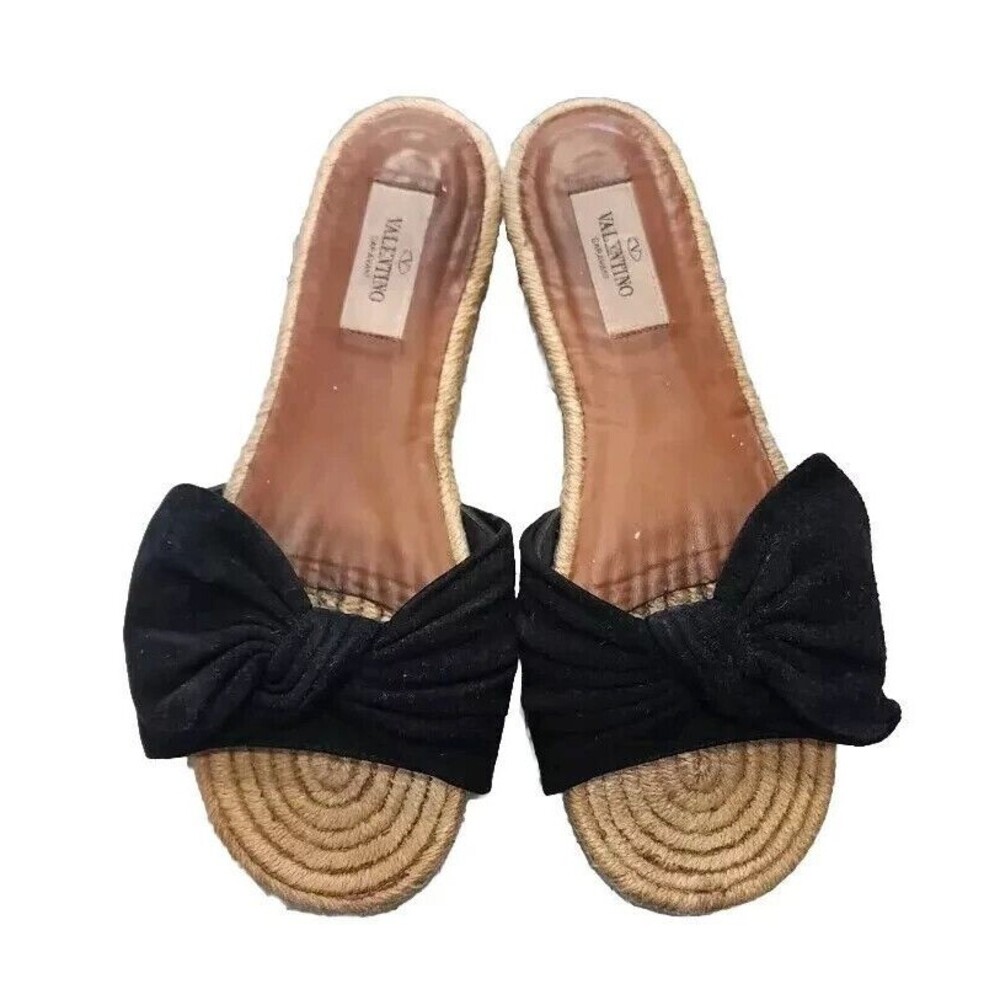 VALENTINO Black Suede Bow Espadrilles Slides Sandals Size 7 Slip On Casual